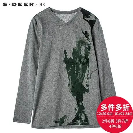 sdeerhe 圣迪奥低调气质灰撞色晕染V领套头纯棉长袖T恤H15470268图片