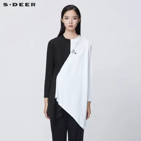 sdeer圣迪奥女装春秋装圆领字母撞色拼接不规则长袖T恤S21380209图片