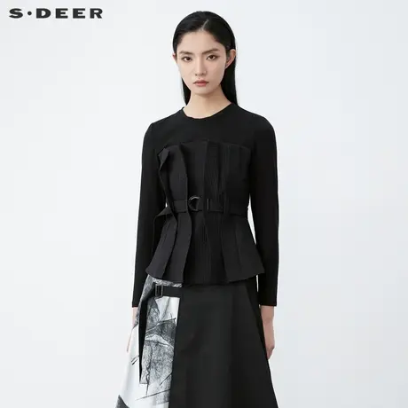 【直播间专属】sdeer圣迪奥圆领收腰肌理拼接长袖T恤S21460207图片