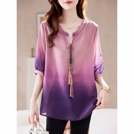 宝诗黎V领系带渐变中袖衬衫女2025夏季新款洋气宽松休闲百搭衬衣图片