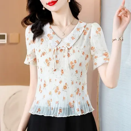 妈妈装雪纺衬衫女夏季新款短袖大码中年妇女气质小衫减龄v领上衣图片
