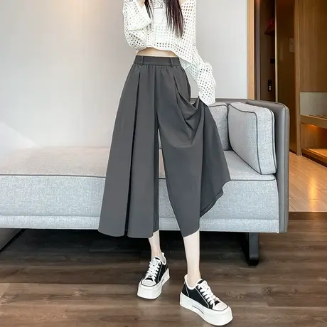 灰色七分阔腿裤女夏季薄款高腰小个子宽松休闲八分冰丝大摆裤裙子商品大图
