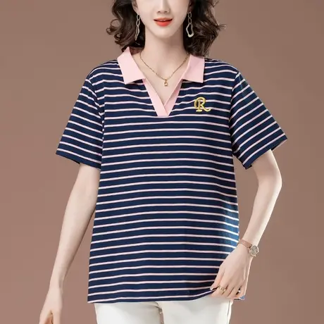 妈妈条纹T恤女短袖夏季新款宽松加肥加大码女装中年翻领显瘦上衣图片