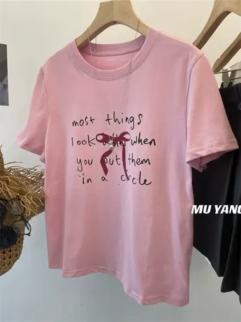 韩国new 字母蝴蝶结撞色短袖棉T恤女2024春夏正肩百搭半袖上衣tee商品大图