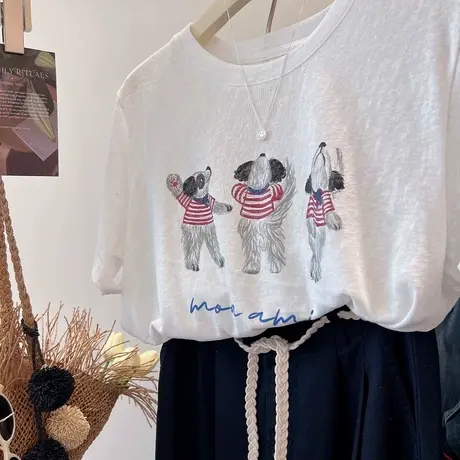 三只搞怪小熊印花tee！空气棉 凉爽透气圆领宽松短袖T恤女上衣商品大图