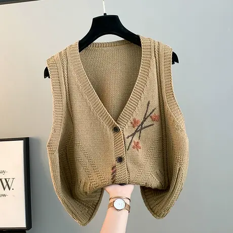 V领针织开衫马甲女2025春季新款绣花休闲单排扣毛衣马甲背心坎肩商品大图