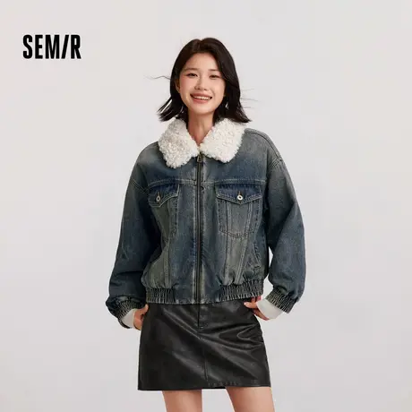 [商场同款]森马牛仔外套女夹棉宽松街头2024冬新款翻领夹克酷飒风商品大图