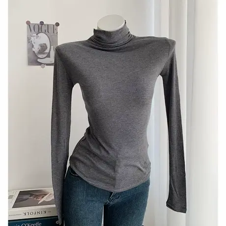 纯欲薄款透视白色堆堆高领修身显瘦内搭打底衫长袖T恤上衣女图片