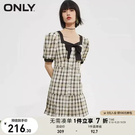 ONLY奥莱夏季减龄泡泡袖收腰显瘦方领百褶连衣裙女商品大图