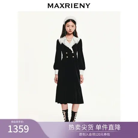 MAXRIENY提花翻领收腰丝绒连衣裙复古长裙黑百撞色裙子冬装裙图片