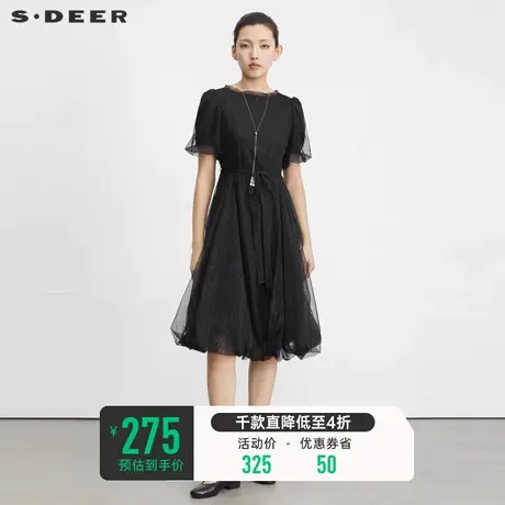 sdeer圣迪奥2023夏装女装圆领收腰网纱泡泡袖黑色连衣裙S23261211⤵商品大图