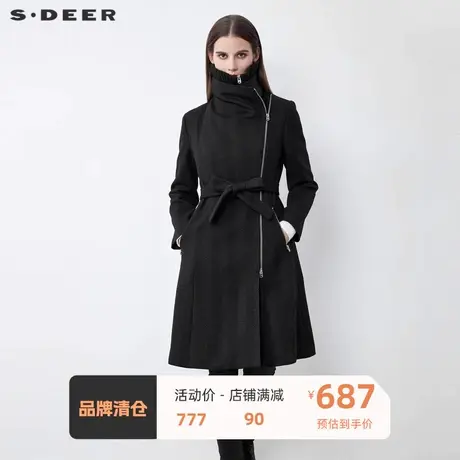 sdeer圣迪奥女装不规则领收腰暗条纹毛呢长款大衣S21481862🤐商品大图