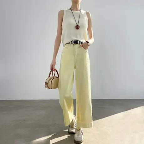 淡黄色天丝莱赛尔牛仔阔腿裤女夏季薄款宽松小个子八分九分直筒裤商品大图