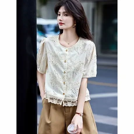 时尚甜美衬衫2025年夏季新款女重工刺绣淑女百搭短款短袖上衣商品大图