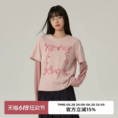 omont蛋挞家 假两件网纱拼接长袖T恤2025春复古印花宽松休闲上衣商品大图