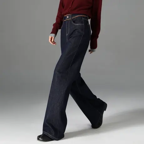 小个子加绒牛仔阔腿裤女2024新款秋冬高腰微喇裤显瘦直筒裤拖地裤商品大图