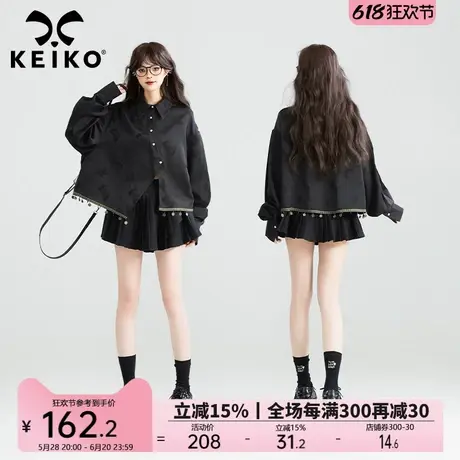 KEIKO 民族风织带花边饰长袖衬衫25春夏高级感暗纹蝴蝶花黑色上衣商品大图