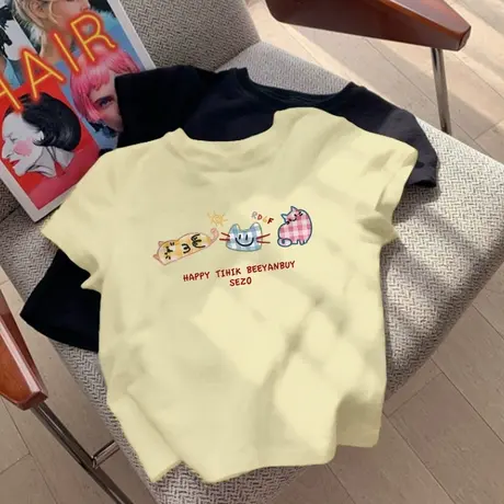 奶黄色短袖女正肩t恤夏季圆领显瘦卡通猫咪甜美别致漂亮短款上衣商品大图