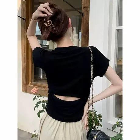 黑色正肩镂空短袖T恤女夏季修身韩版内搭打底衫辣妹短款露背上衣商品大图
