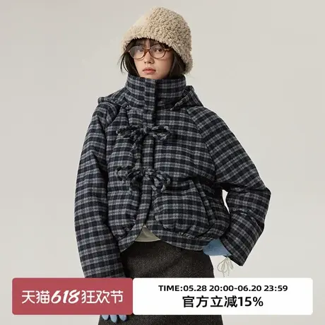 omont蛋挞家90白鸭绒复古格纹羽绒服冬保暖设计感短款面包服商品大图