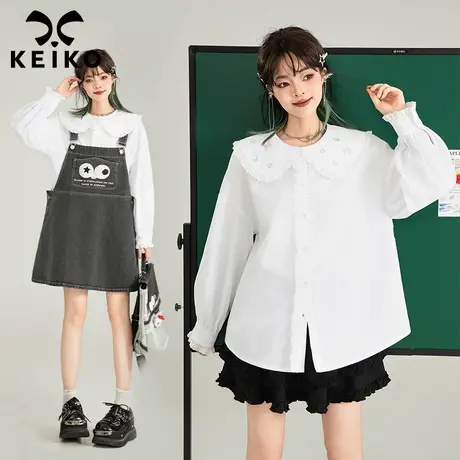 KEIKO 甜系刺绣娃娃领白衬衫女2025春夏少女感木耳边宽松显瘦上衣商品大图