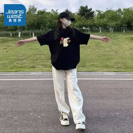 KMV真维斯黑色短袖t恤女2025夏季新款宽松休闲内搭半袖美式上衣潮商品大图