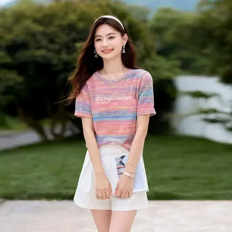 时尚气质撞色多巴胺短袖针织衫女士2024年新款透气显瘦百搭上衣图片