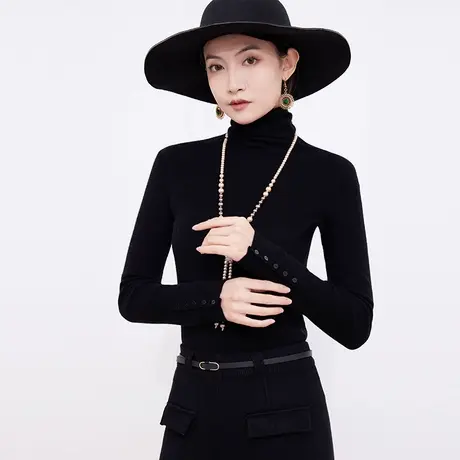 希区瑞普百搭合体堆堆领修身袖口纽扣羊毛打底针织衫商品大图