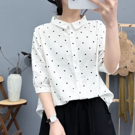 夏季韩版波点印花双层棉纱中袖衬衫女宽松休闲百搭七分袖上衣防晒图片