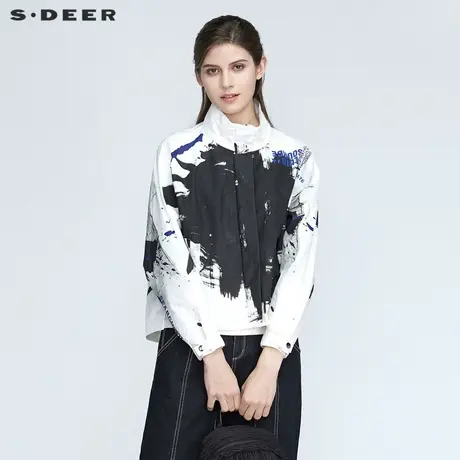 sdeer圣迪奥女装春秋装时尚立领泼墨字母不规则外套S21182206图片