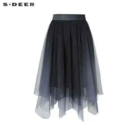 sdeer圣迪奥女装22春夏新品松紧网纱拼接不规则A字长裙S221Z1102图片