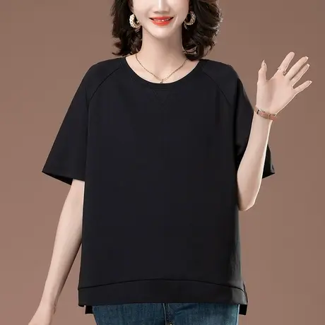 中年妈妈夏装短袖T恤宽松加肥加大码女装休闲遮肚子显瘦开叉体恤图片