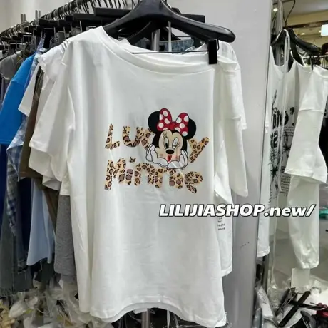 韩国东大门25夏季新款减龄卡通米奇字母宽松休闲斜肩短袖T女上衣商品大图