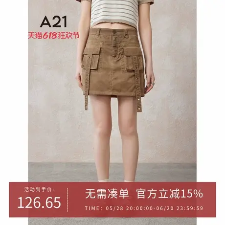 A21女装梭织高腰直筒短裙夏季日系设计感工装复古做旧牛仔A字裙商品大图