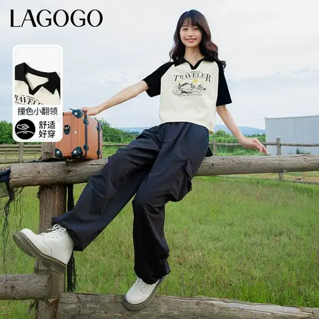 LAGOGO撞色翻领短袖T恤女拉谷谷春季新款休闲透气插肩短款上衣图片