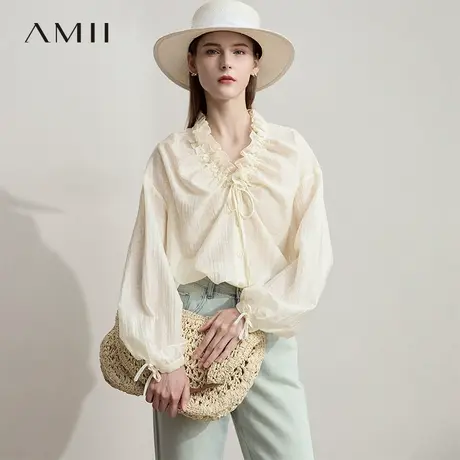 AMII【莱赛尔衬衫】法式豹纹印花领口荷叶边绑带莱赛尔衬衫衬衣商品大图