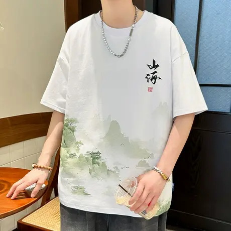 新中式短袖t恤男夏季新款国潮印花半袖衣服青少年冰丝宽松体恤男商品大图