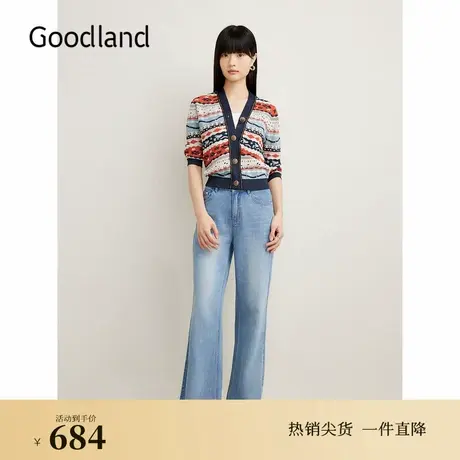 Goodland美地女装秋季法式艺术图案撞色V领亮丝宽松针织开衫图片