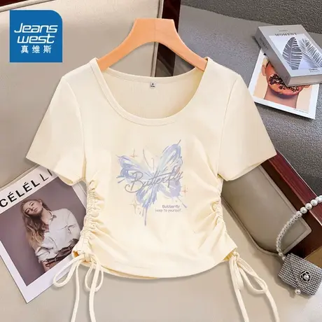 KMV真维斯杏色短袖t恤女2025夏季新款显瘦抽绳小个子正肩短款上衣商品大图