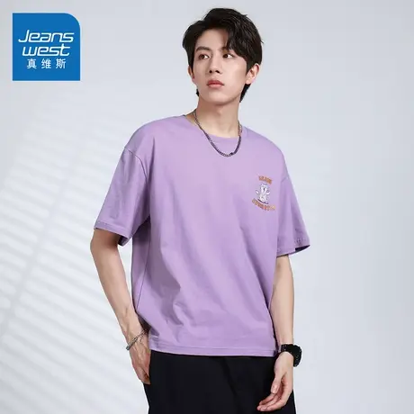 LY真维斯短袖T恤男女同款夏季圆领印花情侣宽松纯棉衣服学生上衣商品大图