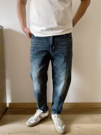 DAEVU春秋新款韩系蓝色水洗潮胖子弹力小脚加肥加大码男士牛仔裤图片