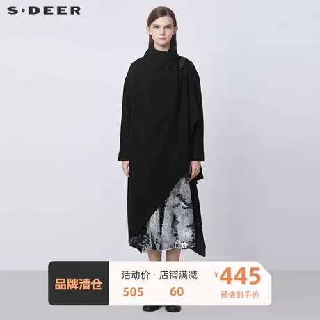 sdeer圣迪奥女装高领皮扣拼接不规则黑色毛呢大衣S21481702🤑商品大图