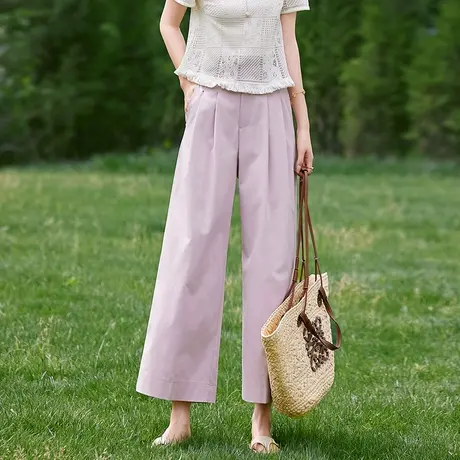 时尚气质休闲裤2025年夏季新款女高腰显瘦百搭阔腿纯色直筒九分裤商品大图