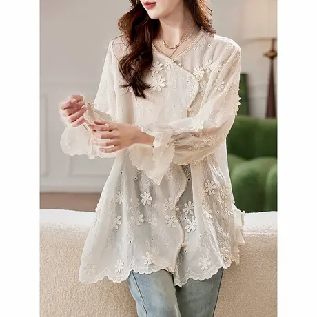 宝诗黎V领中长款刺绣白色衬衫2025春季韩版洋气休闲百搭大码衬衣商品大图