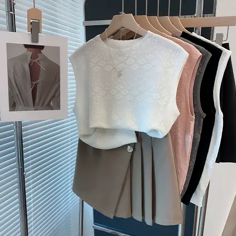 圆领冰丝针织衫女2025春夏新款蕾丝内搭上衣薄无袖外穿背心t恤潮商品大图