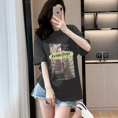 欧货深灰色纯棉短袖2025年休闲t恤女夏新款修身显瘦正肩圆领上衣商品大图