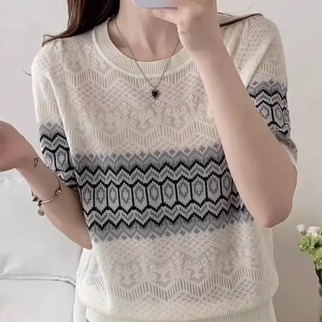 设计感针织短袖t恤女2025新款夏季薄款宽松显瘦体恤打底上衣小衫商品大图