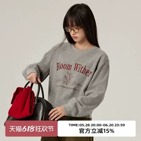 omont蛋挞家 复古磨毛加厚圆领卫衣冬季慵懒刺绣套头短款上衣商品大图