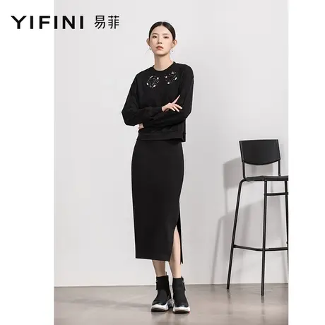 Yifini/易菲优雅气质黑色半身裙女春秋新款中长款高腰显瘦商品大图