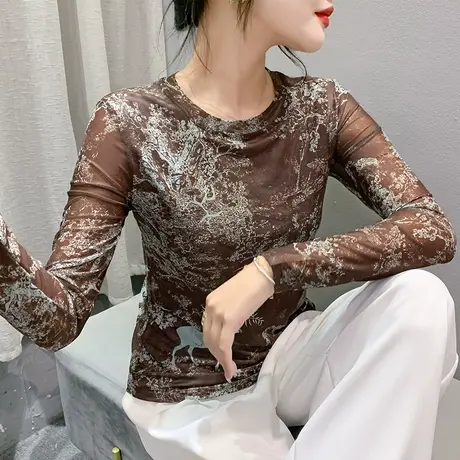2024秋冬新款圆领T恤女长袖性感网纱扎染印花上衣洋气修身打底衫商品大图